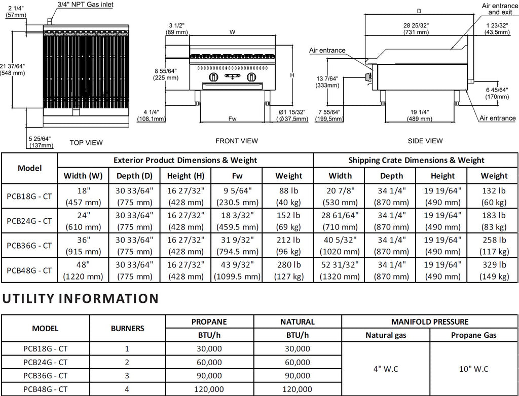 Venancio Prime Series - 18" Charbroiler - PCB18G-CT - 30,000 BTU
