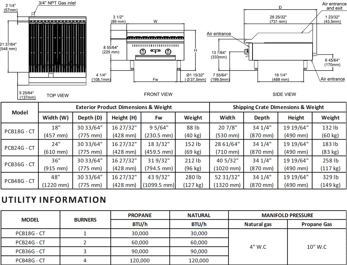 Venancio Prime Series - 18" Charbroiler - PCB18G-CT - 30,000 BTU