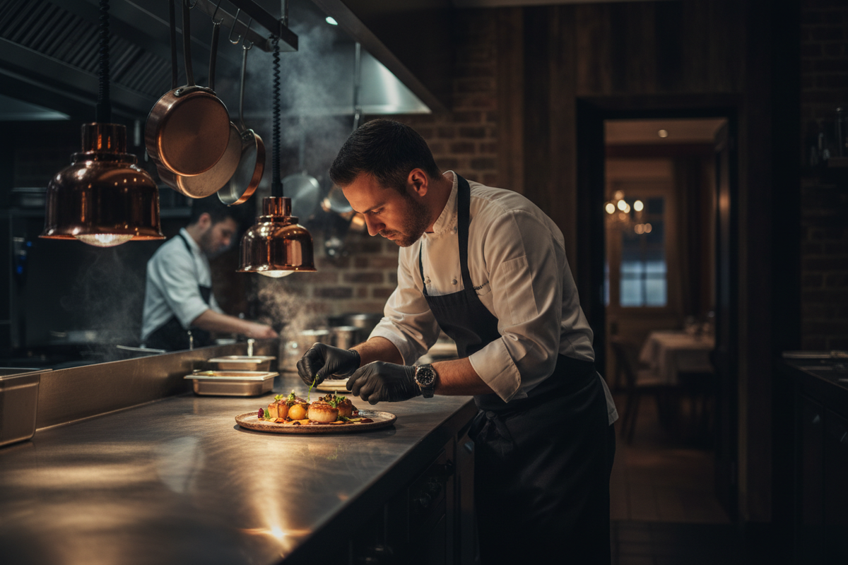 Chef em cozinha comercial dramática